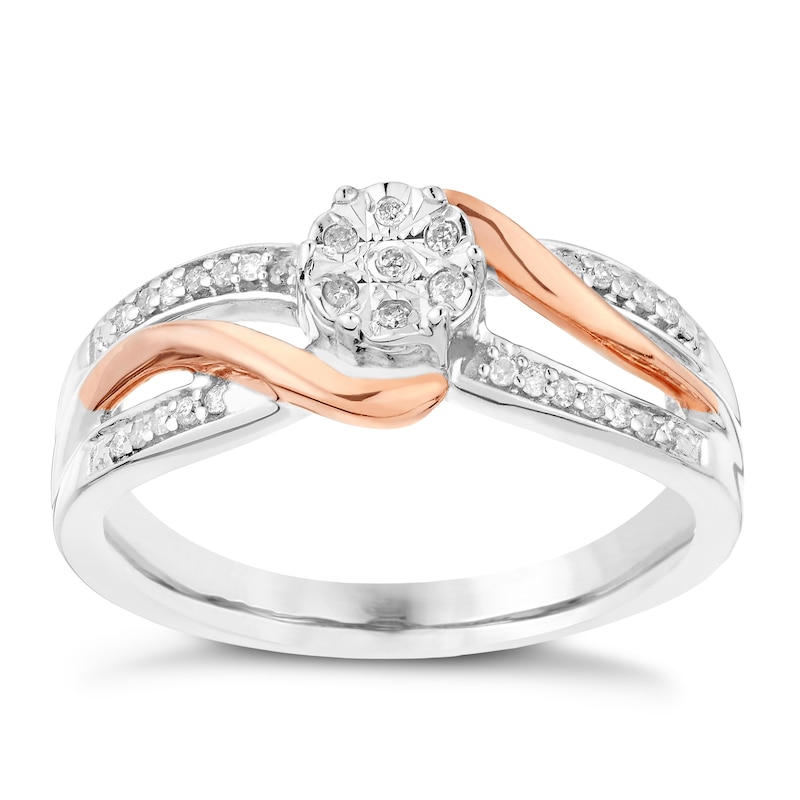 Silver & 9ct Rose Gold 0.10ct Total Diamond Ring