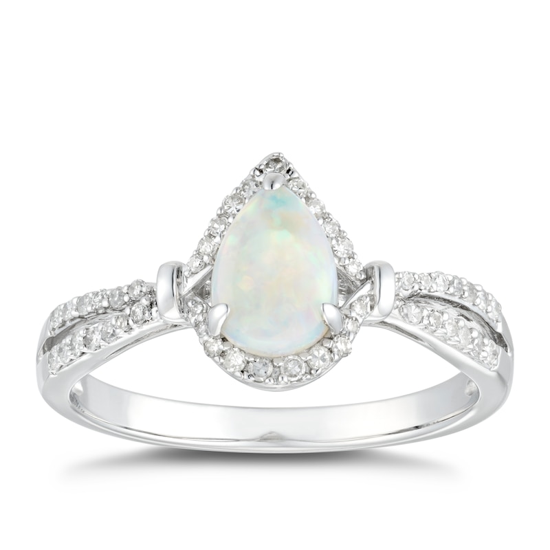 9ct White Gold Opal & 0.14ct Diamond Pear Halo Ring