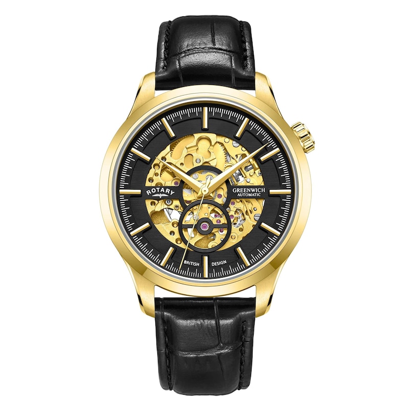Rotary Greenwich Men's Gold PVD Black Leather Strap Watch