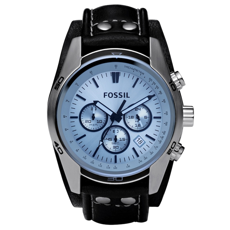 Fossil Men's Chronograph Black Leather Cuff Watch