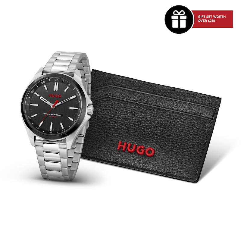 Hugo Men's #Complete Black Card Holder & Black Dial Stainless Steel Bracelet Watch Gift Set