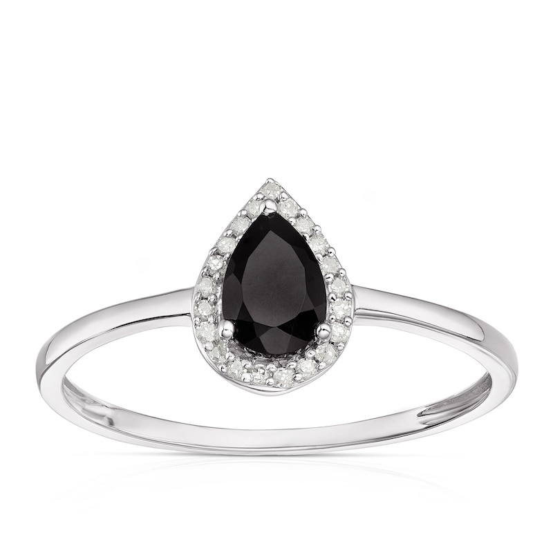 Sterling Silver Pear-Cut Black Onyx and Diamond Halo Ring