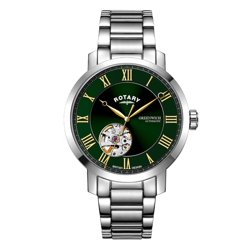 Rotary Men's Green Open Heart Dial Stainless Steel Bracelet Watch