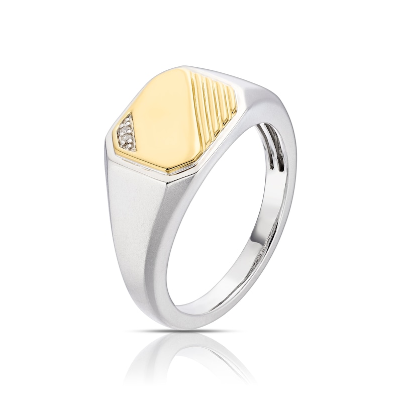 Men's Sterling Silver & 18ct Gold Plated Vermeil Two Tone Diamond Signet Ring