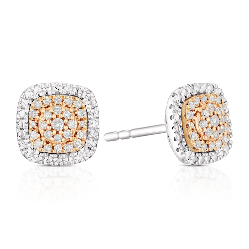 Sterling Silver & 9ct Rose Gold 0.10ct Diamond Double Halo Earrings