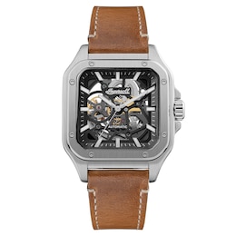 Ingersoll Men's Automatic Black Square Skeleton Dial Brown Leather Strap Watch