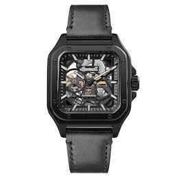 Ingersoll Men's Automatic Black Square Skeleton Dial Black Leather Strap Watch