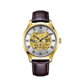 Rotary Men's Skeleton Automatic Gold Tone Brown Leather Strap Watch