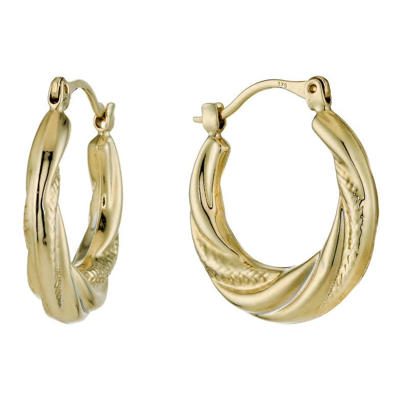 9ct Yellow Gold Ribbed 12mm Creole Hoop Earrings