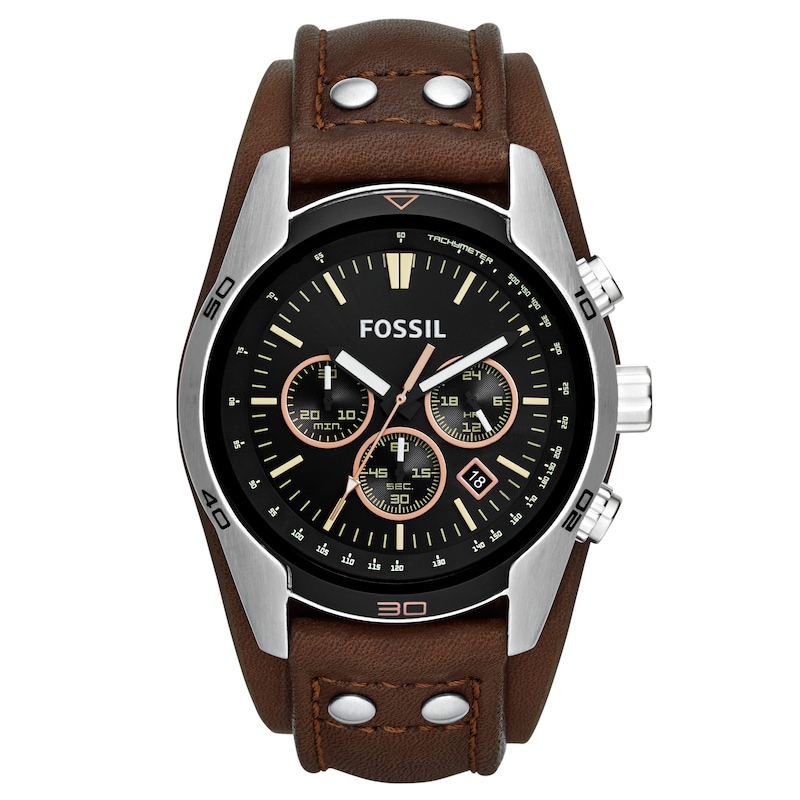 Fossil Men's Black Chrono Dial Brown Leather Strap Watch