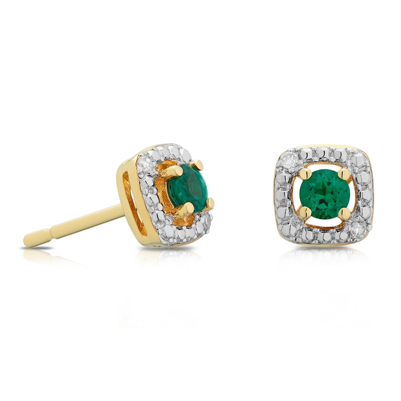 Main Image 1 of Sterling Silver & 18ct Gold Plated Vermeil Diamond & Created Emerald Earrings