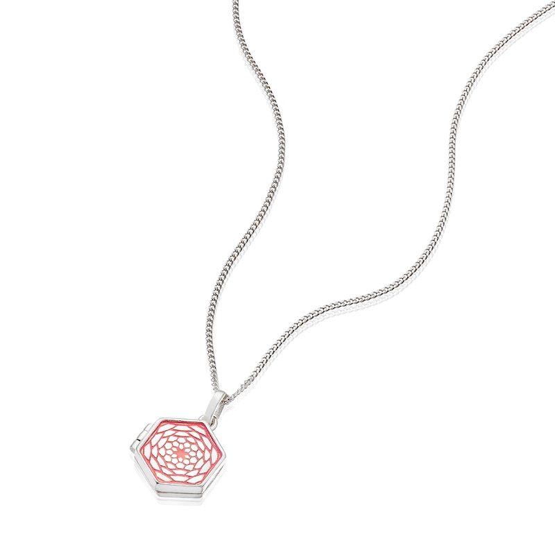 Sterling Silver Small Red Floral Enamel Hexagon Locket