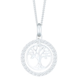 Sterling Silver Tree Design Cubic Zirconia Pendant Necklace