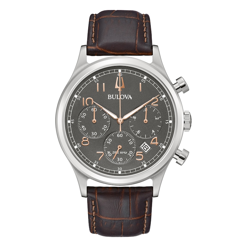 Bulova Men's Chronograph Grey Dial Brown Leather Strap Watch | H.Samuel