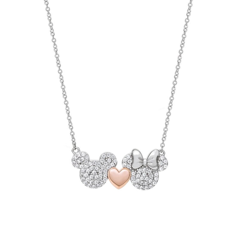 Disney Silver CZ Pavé Mickey & Minnie Mouse Heart Necklace