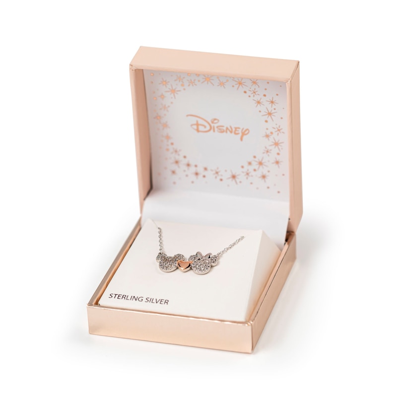 Disney Silver CZ Pavé Mickey & Minnie Mouse Heart Necklace