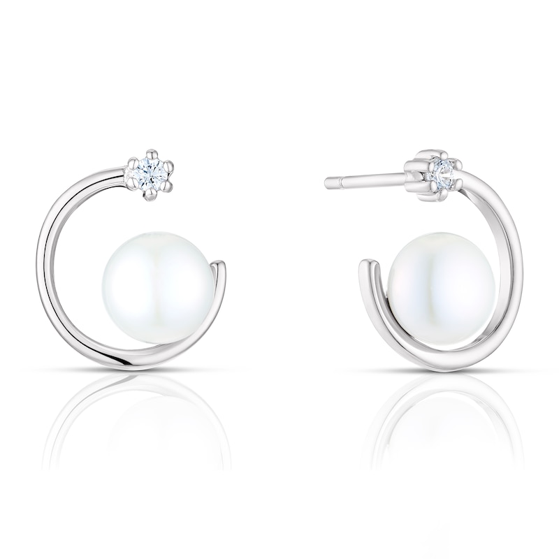 Main Image 1 of Sterling Silver Pearl & Cubic Zirconia Circle Stud Earrings