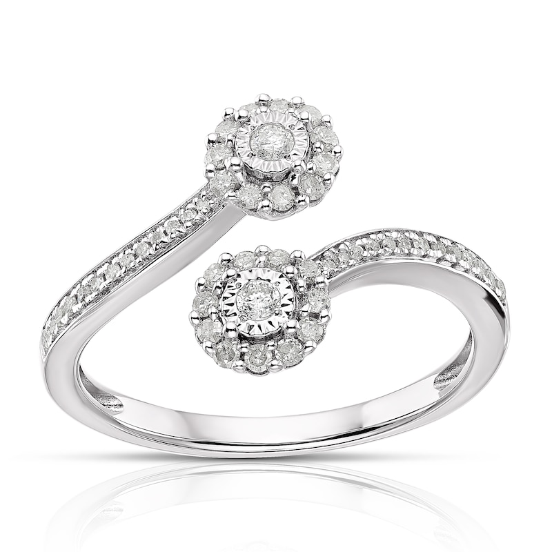 9ct White Gold 0.25ct Diamond Two Flower Open Ring