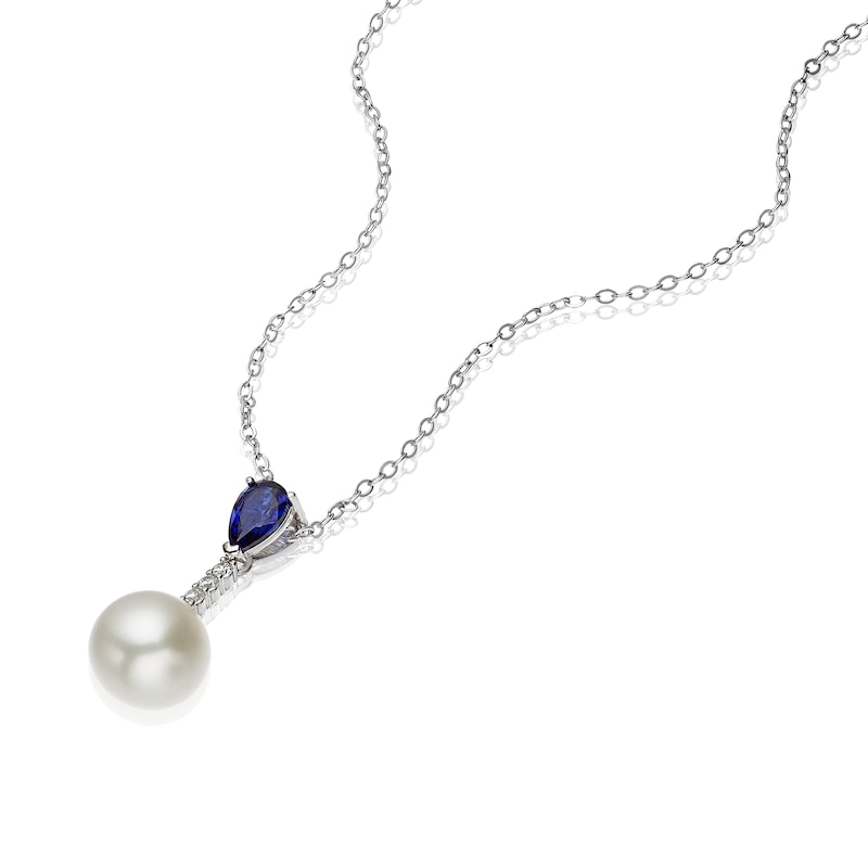 Sterling Silver Pearl & Created Sapphire Pendant