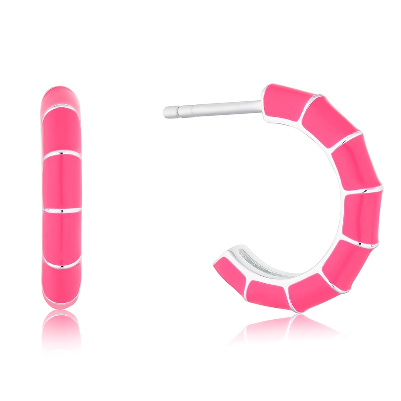 Main Image 1 of Sterling Silver Pink Enamel Bamboo Hoop Earrings