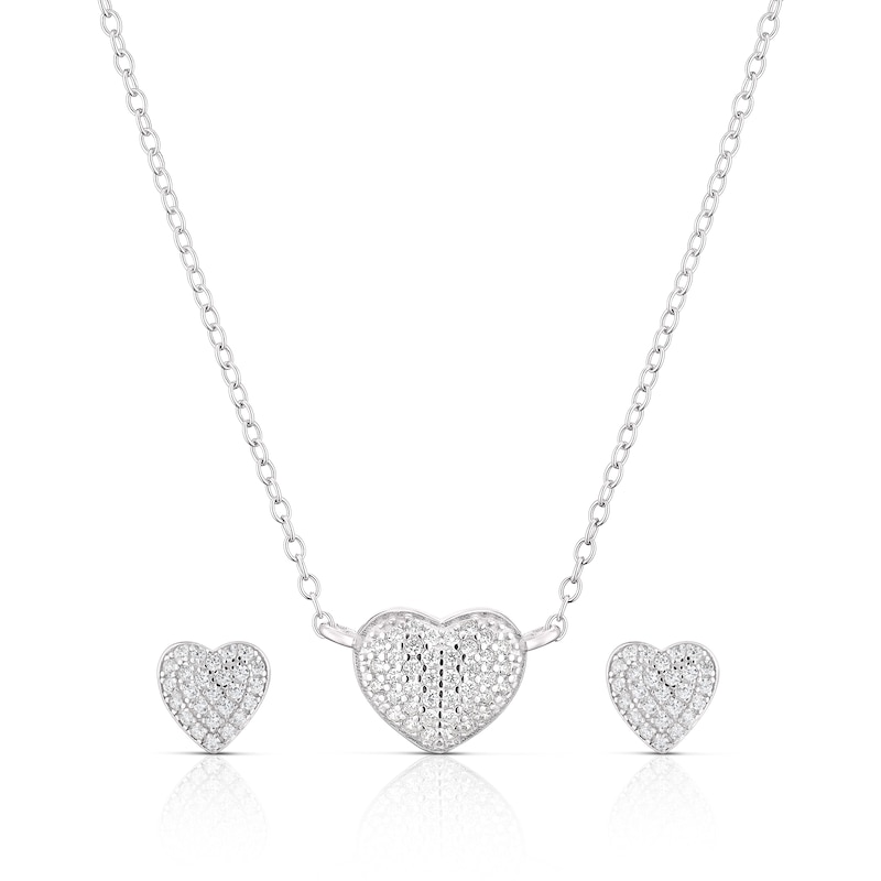 Sterling Silver Cubic Zirconia Pave Heart Pendant & Earring Set