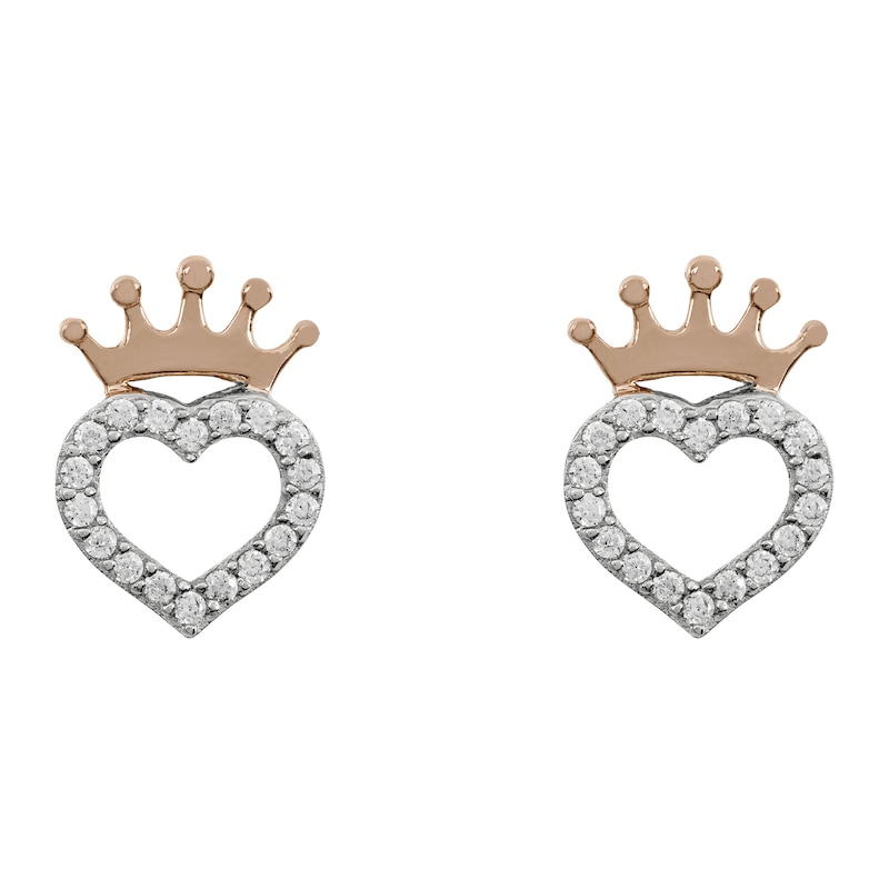 Main Image 1 of Disney Sterling Silver & 18ct Gold Plated Cubic Zirconia Crown Heart Stud Earrings