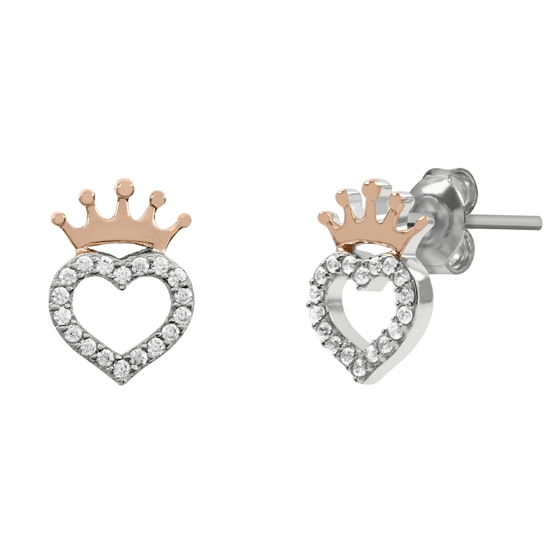 Main Image 2 of Disney Sterling Silver & 18ct Gold Plated Cubic Zirconia Crown Heart Stud Earrings