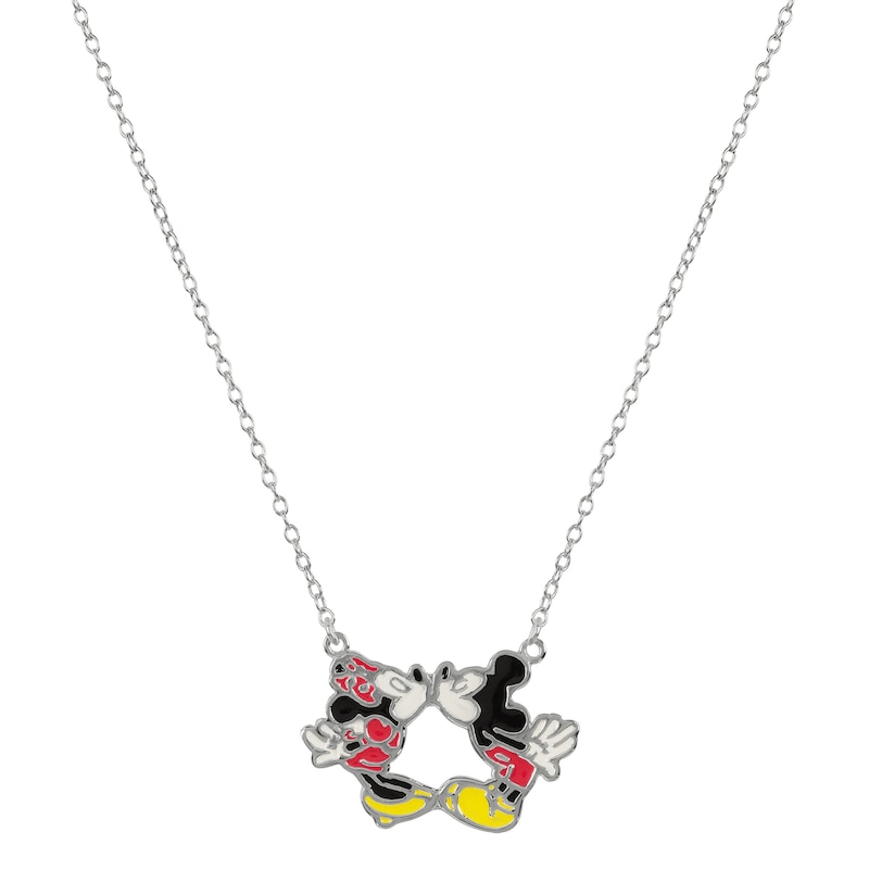 Disney Sterling Silver Enamel Kissing Mickey & Minnie Mouse Necklace