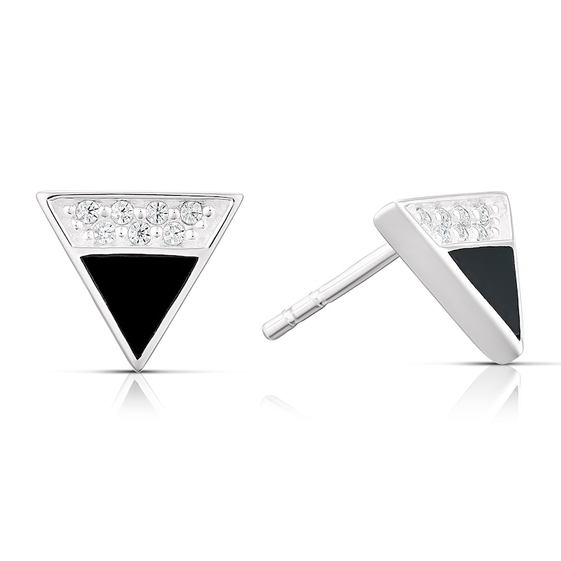 Sterling Silver Half Cubic Zirconia & Onyx Triangle Stud Earrings