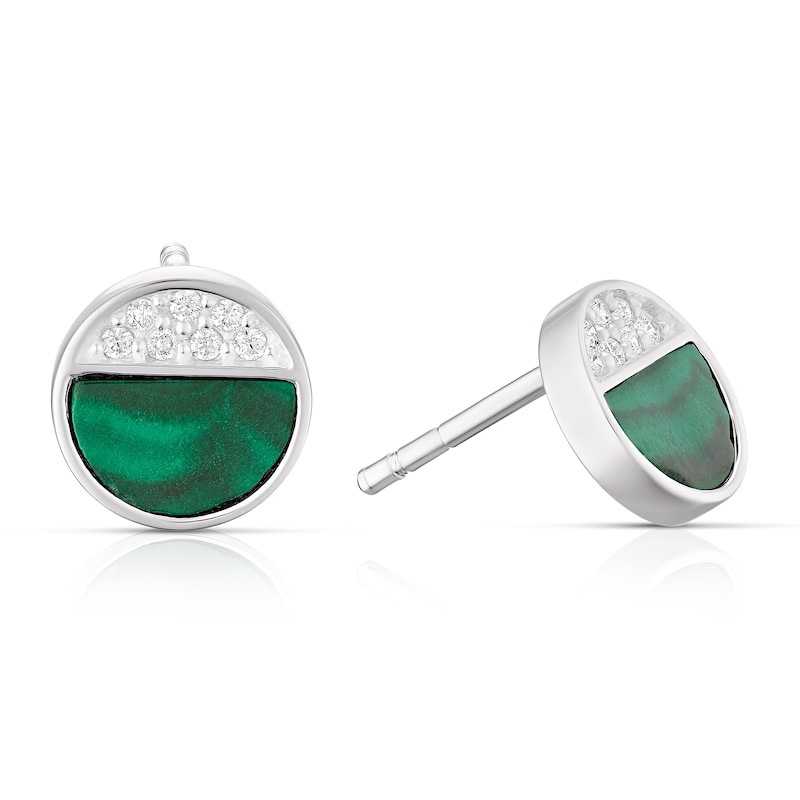 Main Image 1 of Sterling Silver Half Cubic Zirconia & Malachite Circle Stud Earrings