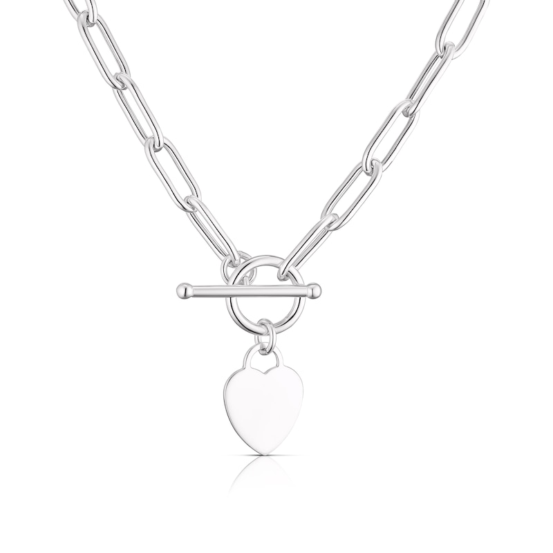 Sterling Silver Flat Shiny Heart T-Bar Pendant Paper link Chain Necklace