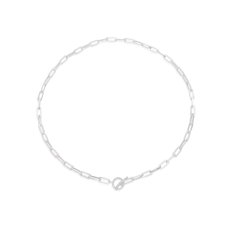 Sterling Silver Cubic Zirconia T-Bar Paper link Chain Necklace