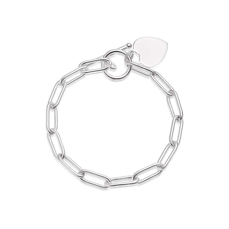 Main Image 1 of Sterling Silver Flat Shiny Heart T-Bar Paper link Bracelet