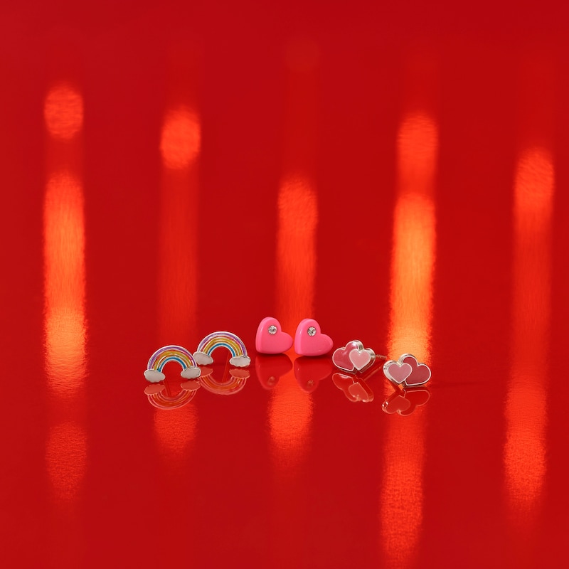 Children's Sterling Silver Pink Enamel Double Heart Stud Earrings