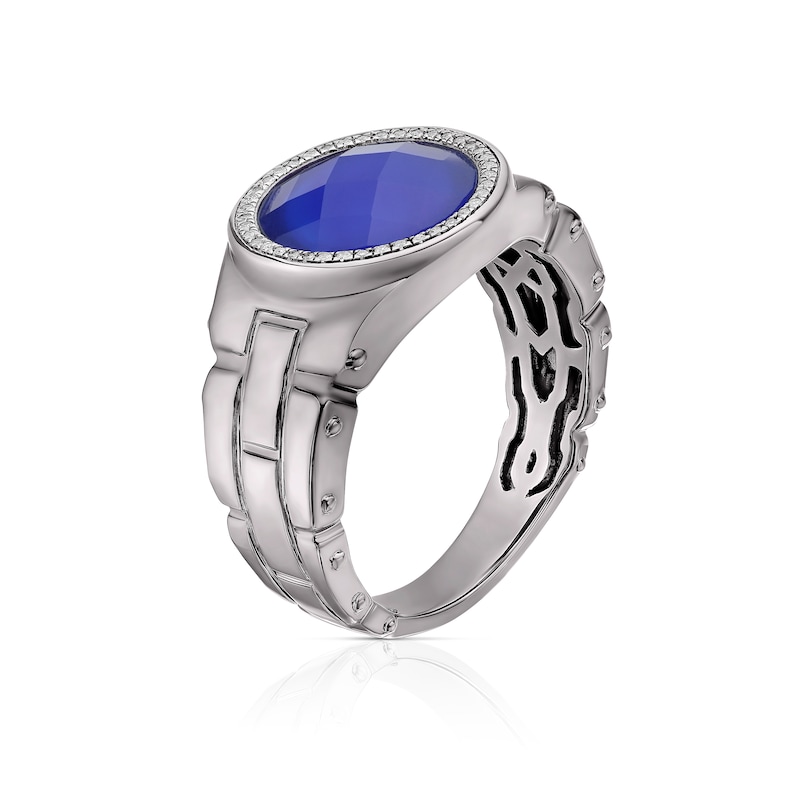 Main Image 2 of Men's Sterling Silver Synthetic Blue Onyx Diamond Detail Signet Ring