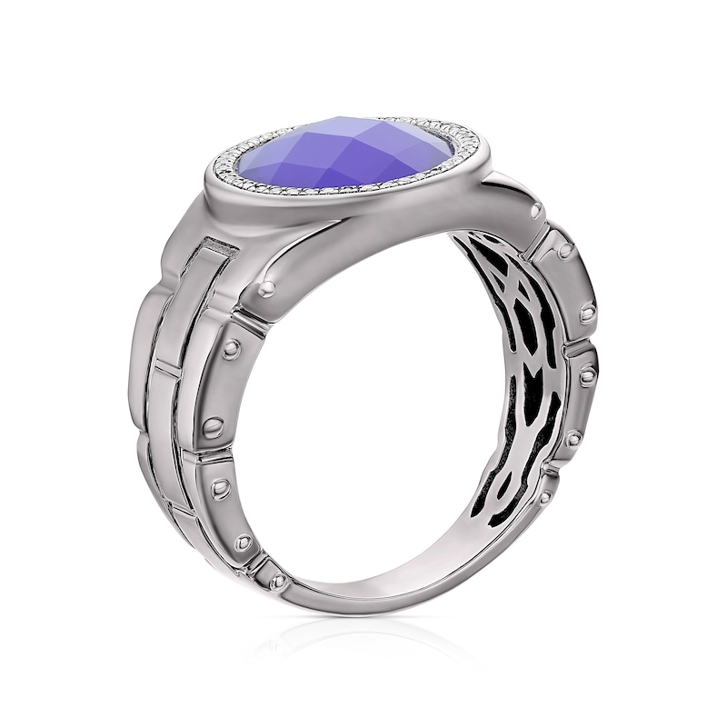 Main Image 3 of Men's Sterling Silver Synthetic Blue Onyx Diamond Detail Signet Ring