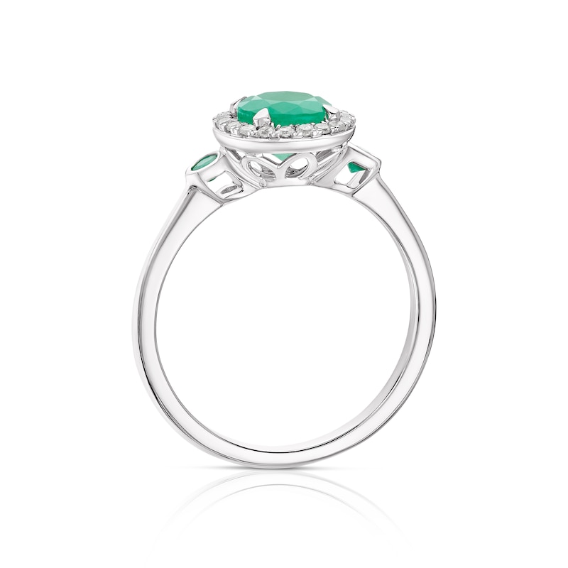 9ct White Gold Emerald 0.10ct Diamond Round Halo Ring