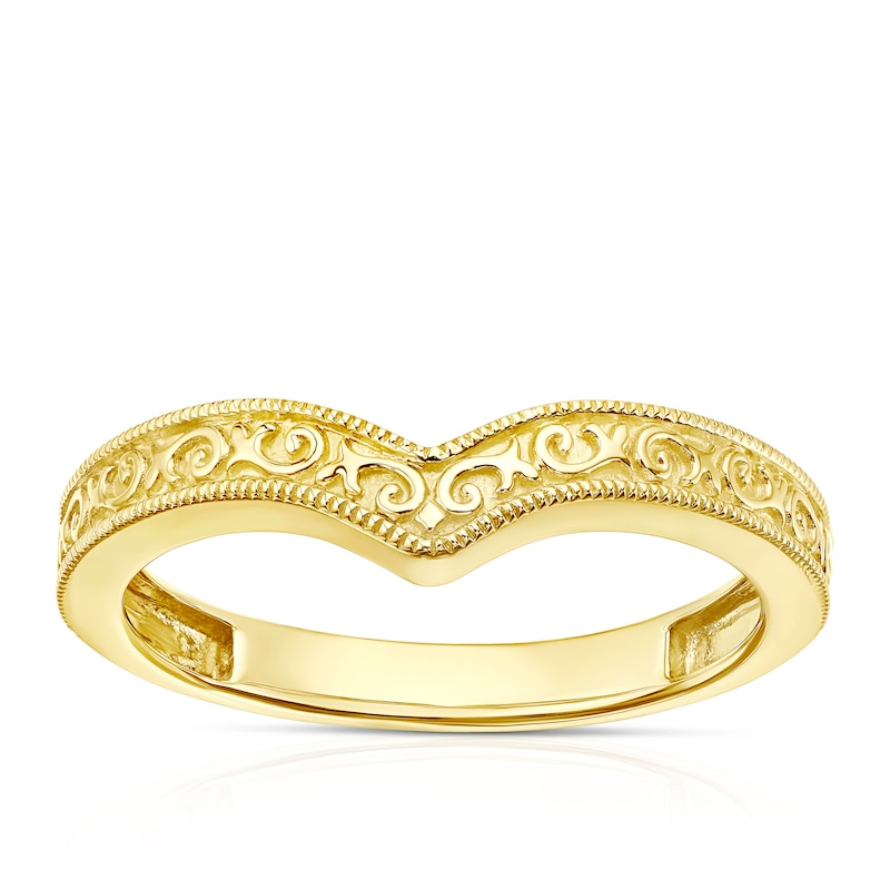 Main Image 1 of 9ct Yellow Gold Textured Vintage Pattern Wishbone Ring