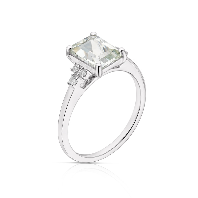 9ct White Gold Emerald-Cut Green Amethyst and Diamonds Ring