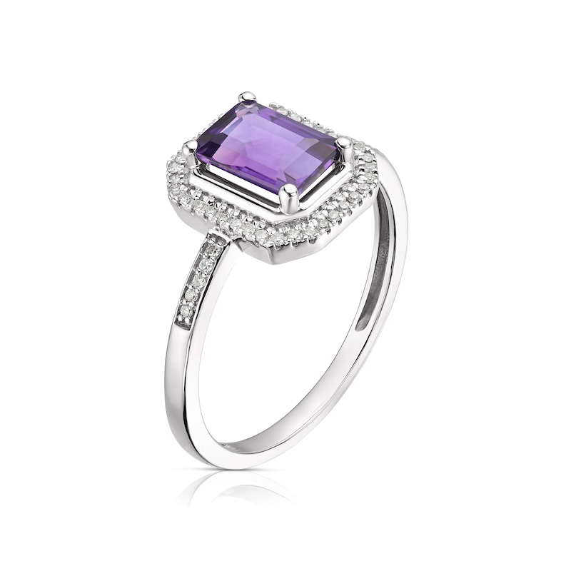 9ct White Gold Amethyst Radiant Cut Halo Ring