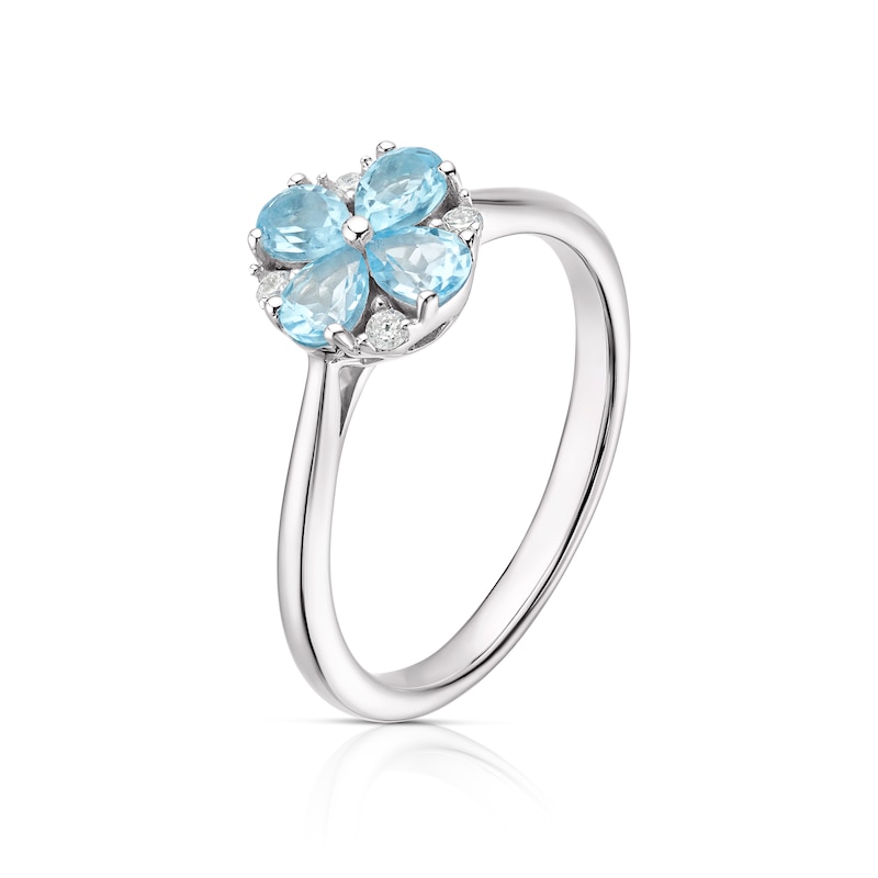 9ct White Gold Swiss Blue Topaz Diamond Flower Ring