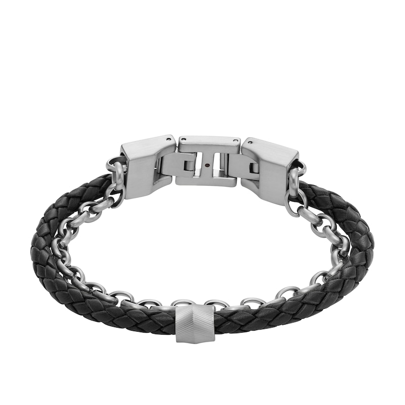 Fossil Men's Double Chain Black Plaited Leather & Stainless Steel Chain Bracelet