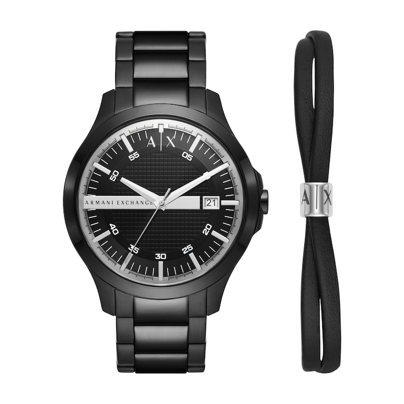 Armani Exchange Men's Black Stainless Steel Watch & Leather Bracelet Gift Set