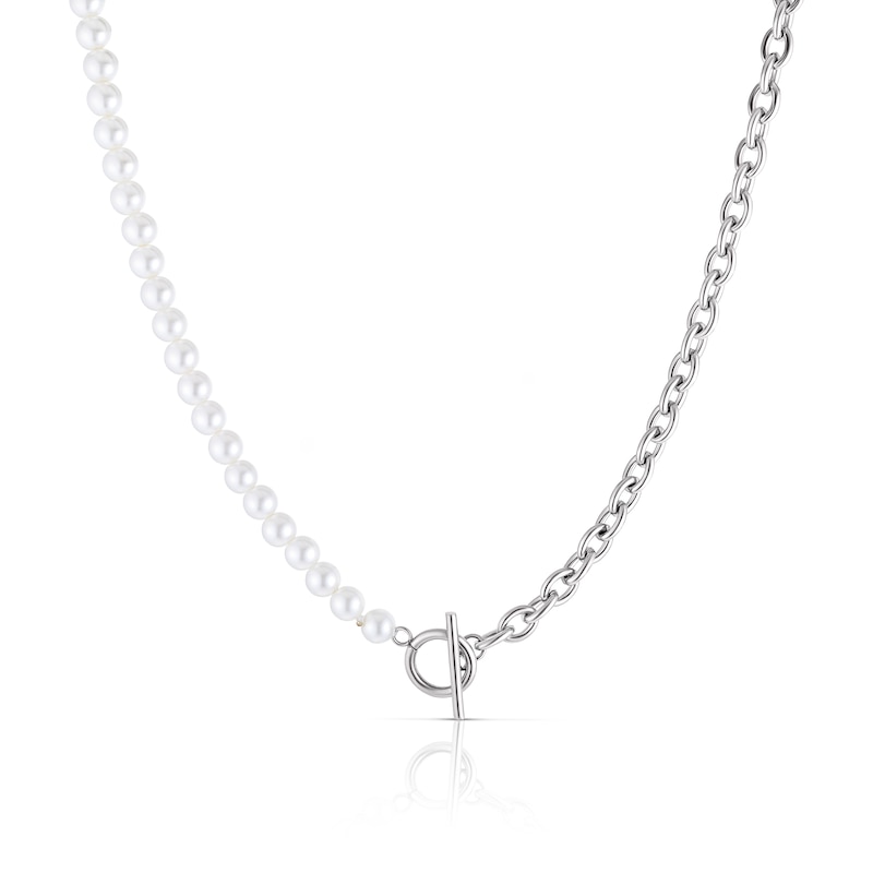Stainless Steel Faux Pearl & Chain Toggle Necklace