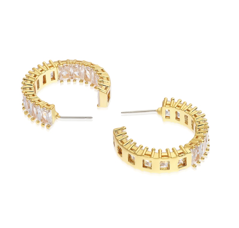 Gold Plated Cubic Zirconia Bar Chunky Hoop Earrings