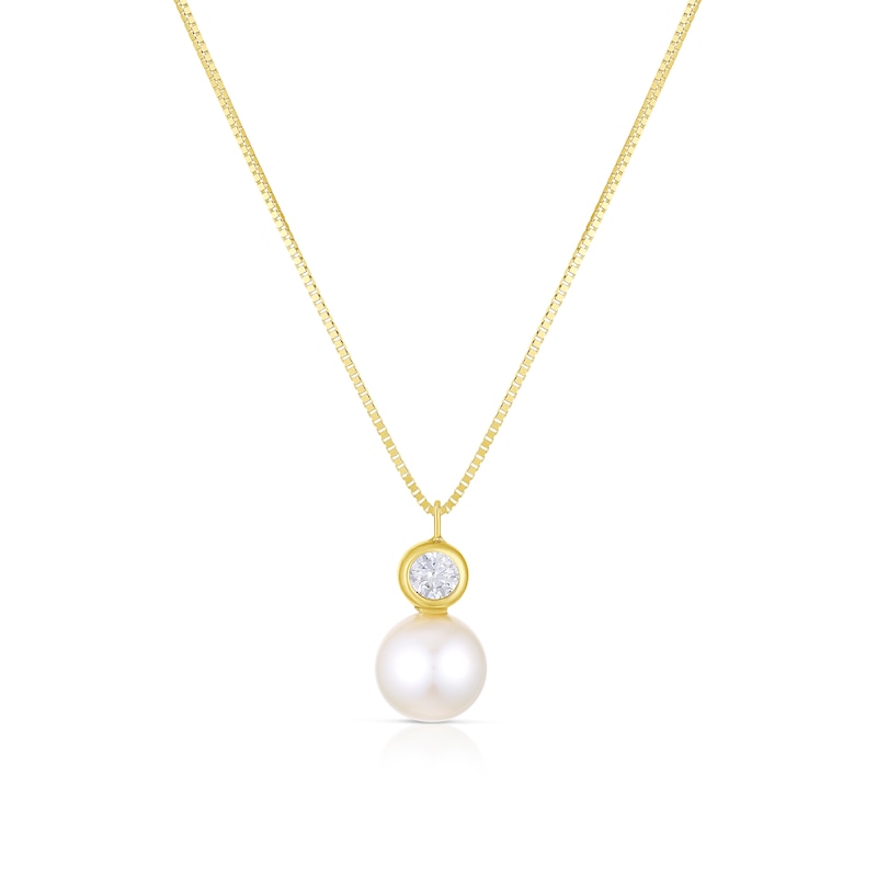 9ct Yellow Gold Cultured Freshwater Pearl & Cubic Zirconia Drop Pendant Necklace