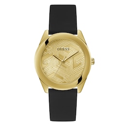 Guess Cubed Ladies' Gold Tone Patterned Dial Black Silicone Strap Watch