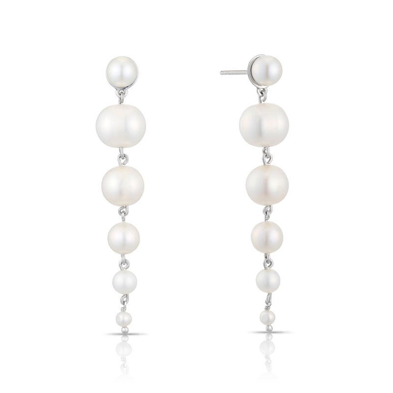Emmy London Platinum Plated Sterling Silver Pearl Long Graduated Drop Earrings