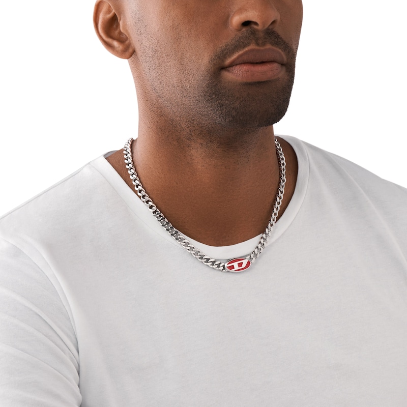 Main Image 3 of Diesel Men's Red Enamel Logo Pendant Chunky Curb Chain Stainless Steel Necklace