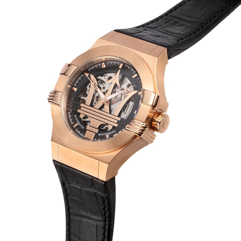 Main Image 4 of Maserati Potenza Men's Rose Tone Skeleton Logo Dial Black Leather Strap Watch